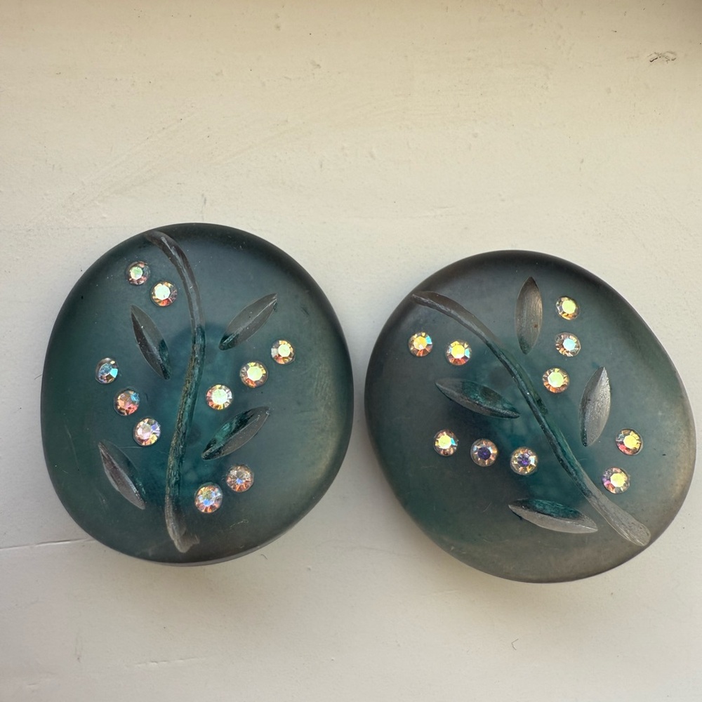 Vintage Lucite Greenish-Blue Hollywood Glam Rhinestone Clip-on Earrings